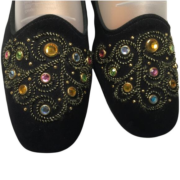 Saks Fifth Avenue Flats Gem Embellished Black Velvet Round Toe Slip On Loafer 7 - Picture 2 of 13